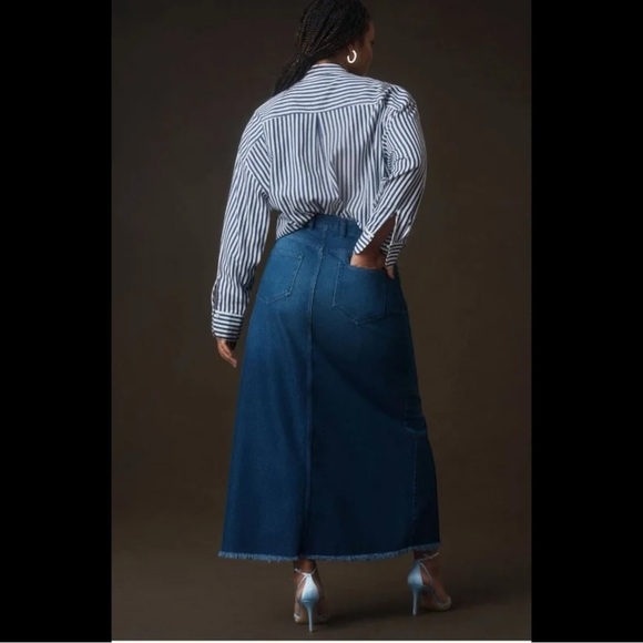 Anthropologie Pilcro The Madi Front Slit Dark Blue Denim Maxi Skirt Raw Hem - Picture 5 of 14
